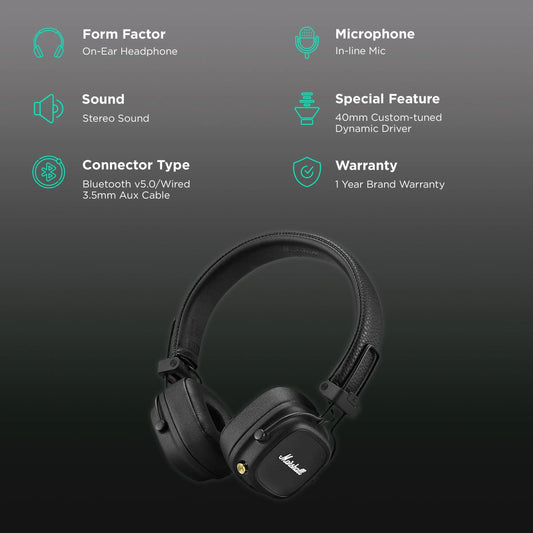 Marshall Major IV Bluetooth Headphone with Mic (Upto 80 Hours Playback, On Ear, Black)