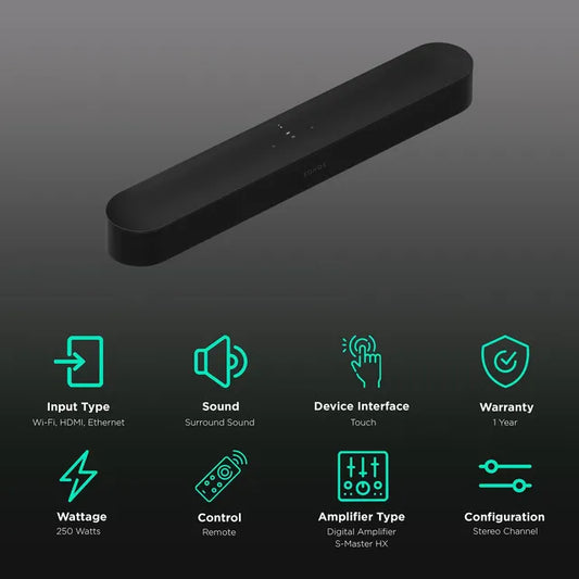 SONOS Beam Gen 2 250W Soundbar (Dolby Atmos, Stereo Channel, Black)