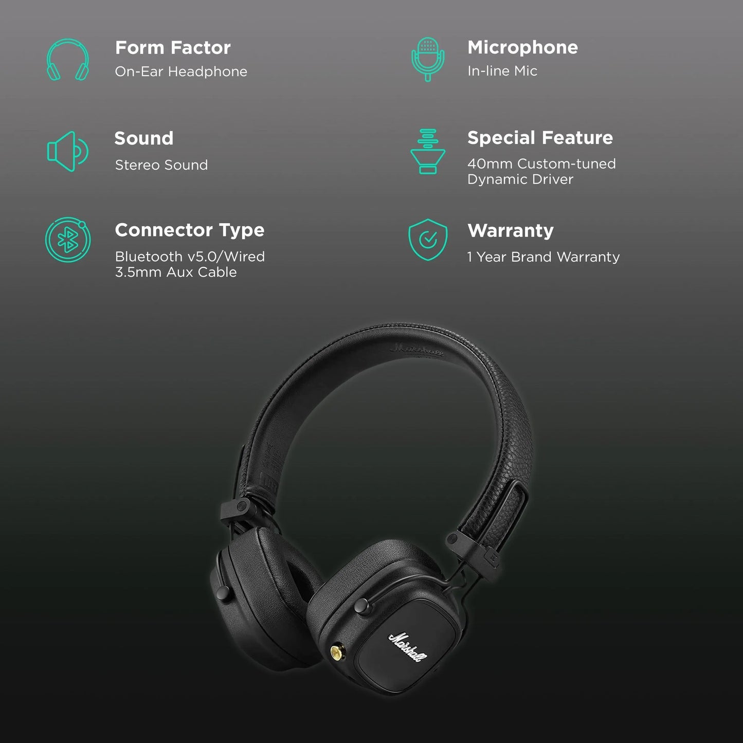 Marshall Major IV Bluetooth Headphone with Mic (Upto 80 Hours Playback, On Ear, Black)