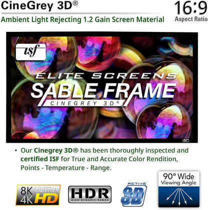 Elite Screens 110 inch 16:9 4K/8K CLR and ALR Projector Screen ISF Material, Standard Throw Fixed Frame Projection Screen Grey, Indoor Movie Screen Home Theater - Sable Frame CineGrey 3D, ER110DHD3