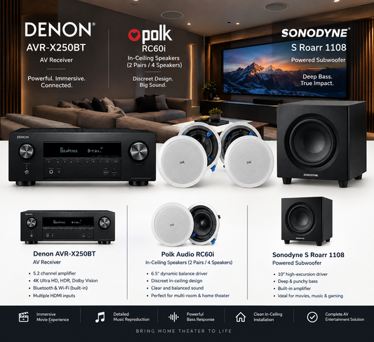 Denon AVR X250BT with Polk Audio rc 60i (2 pairs) with Sonodyne S Roarr 1108