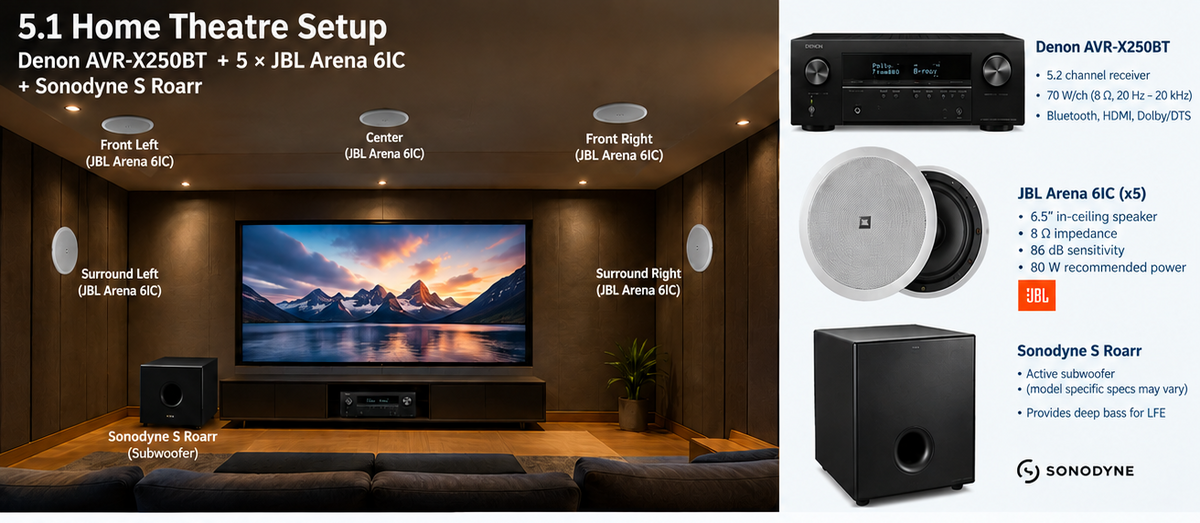 Denon AVR X250BT with JBL Arena 6ic 5 pcs with Sonodyne S Roarr 1108