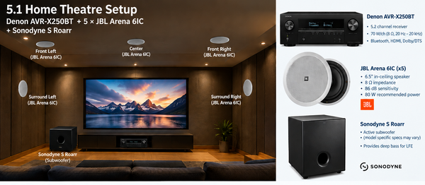 Denon AVR X250BT with JBL Arena 6ic 5 pcs with Sonodyne S Roarr 1108