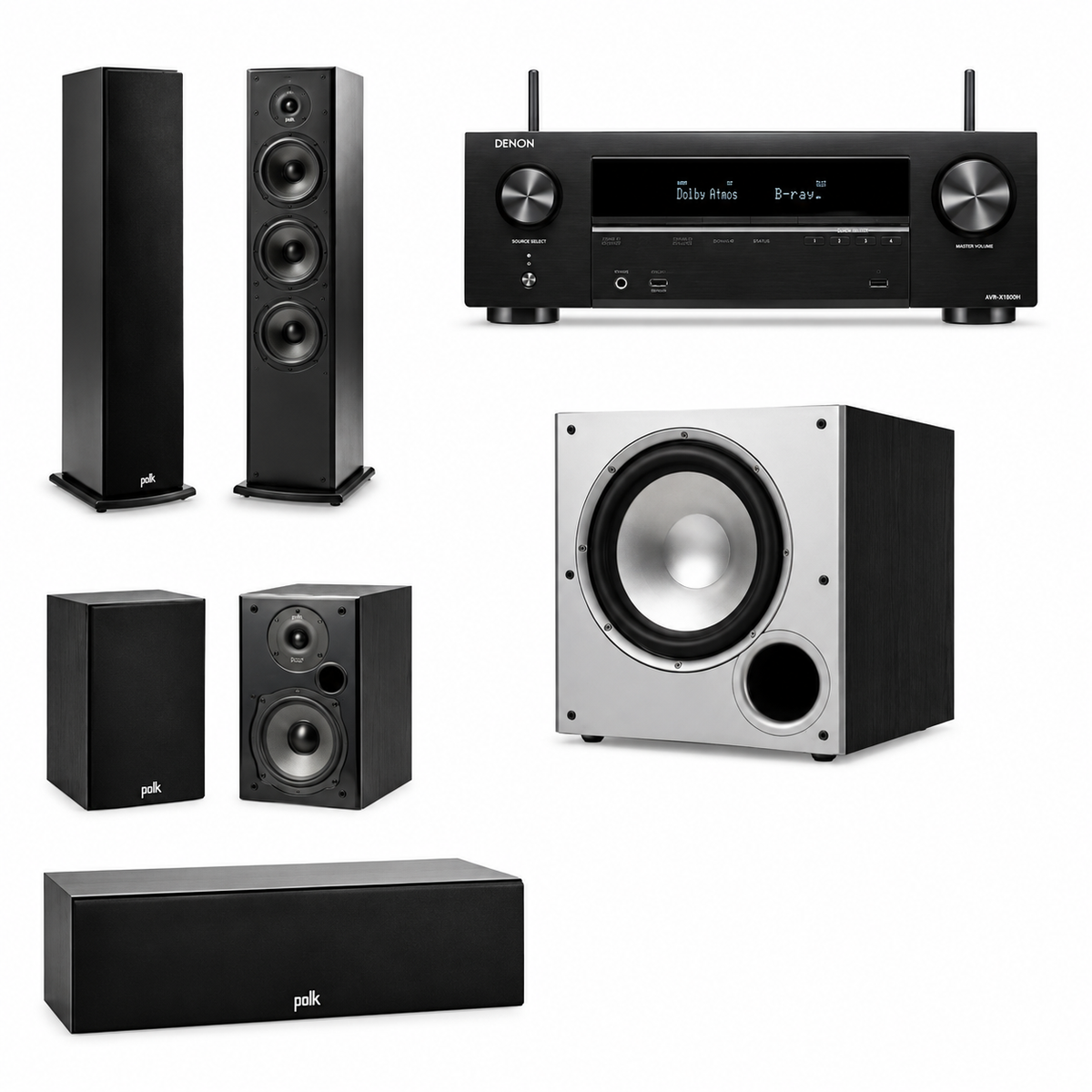 Polk Audio Fusion T- Series T50 Package with Polk Audio MXT 90 + Denon AVR-X1800H 8K AV Receiver (5.1.2 Home Theatre Bundle Package)