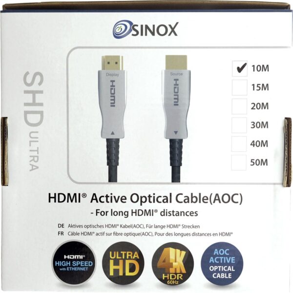 Sinox HDMI High Speed+Ethernet Cable, Fibre Optic Ultra HD, HDR 4K@60Hz 10m