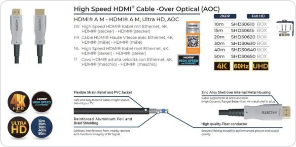 Sinox HDMI High Speed+Ethernet Cable, Fibre Optic Ultra HD, HDR 4K@60Hz 10m